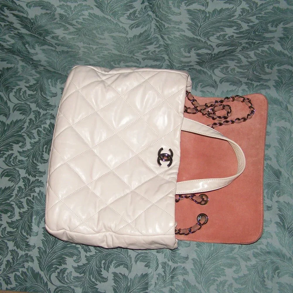 💖 CHANEL Portobello White Quilted Leather & Pink Suede Tote/Shoulder Bag